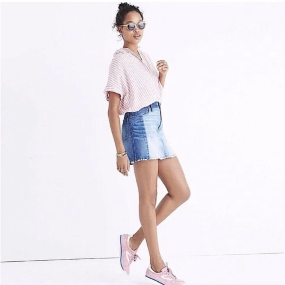 Madewell 1 denim‎ mini skirt Pieced McCarren patchwork raw hem boho jean wo…